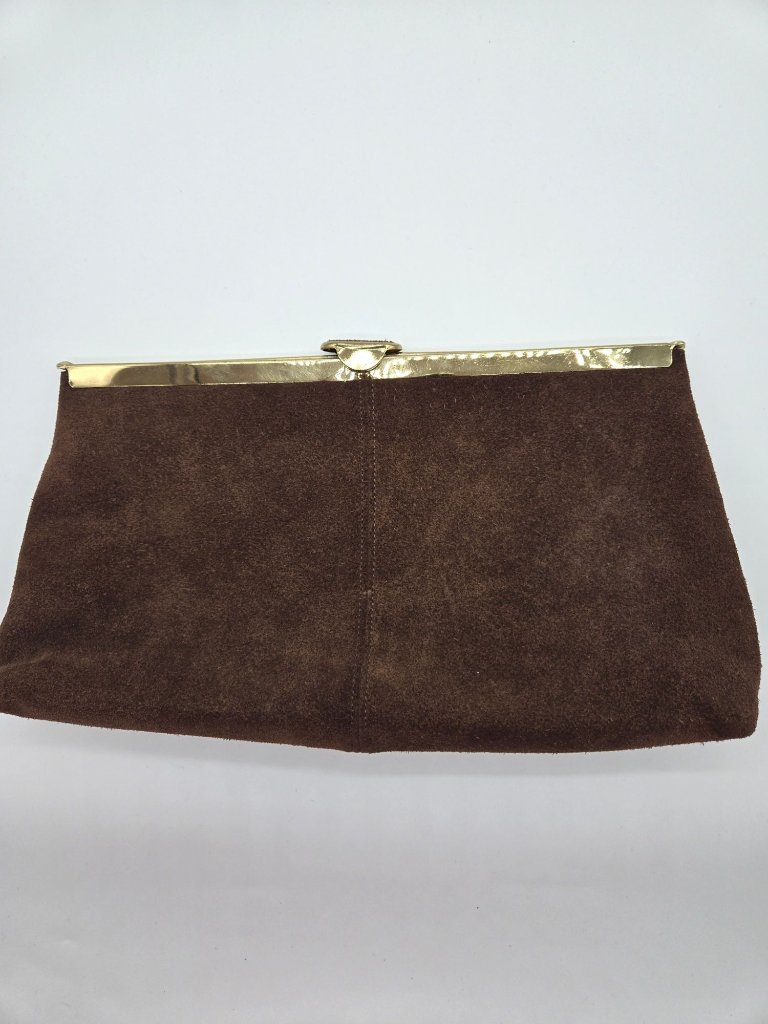Vintage Etra Brown Suede Leather Clutch Handbag Gold Hardware Euc